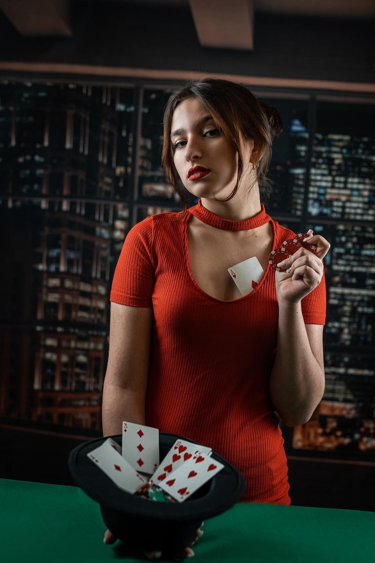Meja Sakong di ojk toto menampilkan kartu, chip taruhan, dan dealer profesional